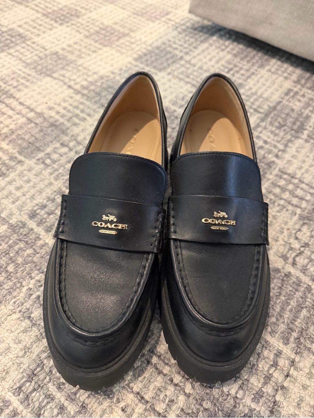 Coach Black Leather Slip-On Penny Loafers with Gold Logo - Picture 2 of 7